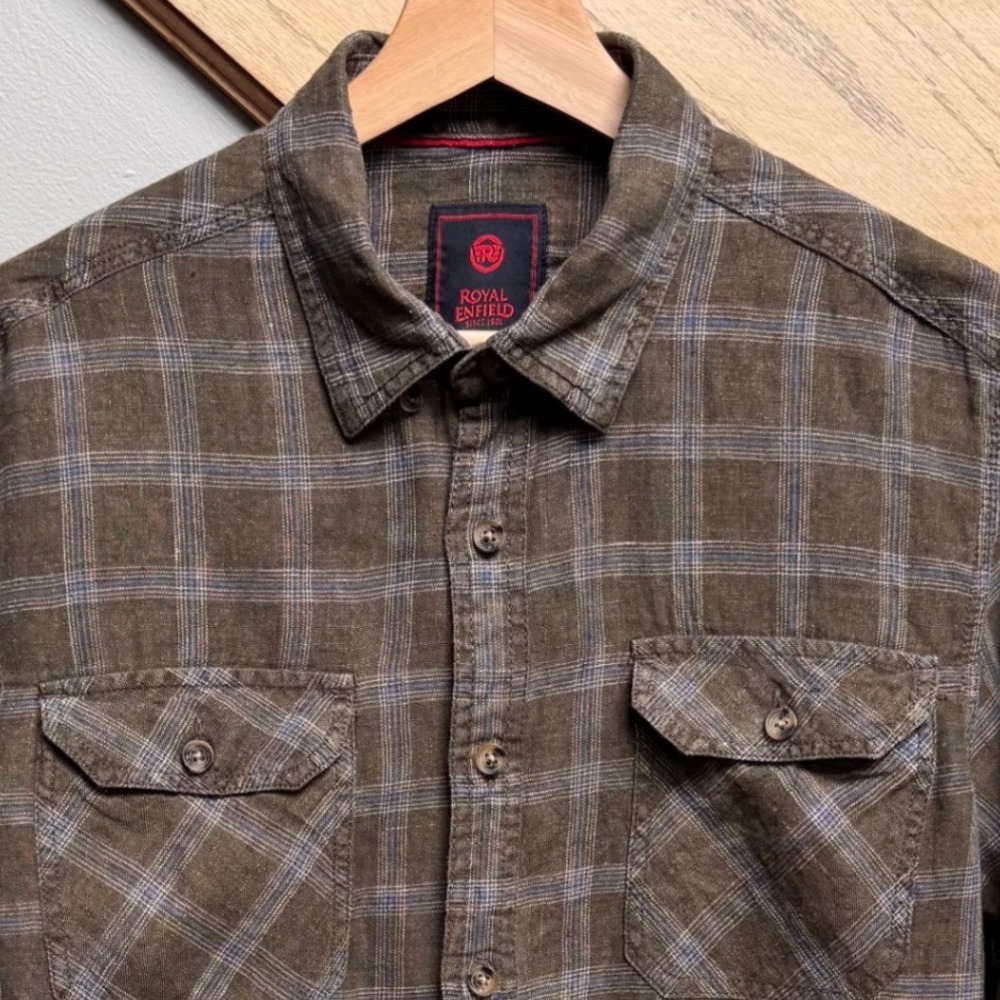 Royal Enfield Men Linen Button Down Shirt M Brown Plaid‎ Motorcycle Way of Life